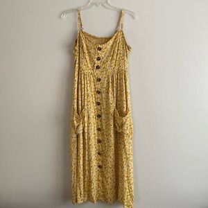 Yellow floral dress with front pockets, buttons and lining, size L